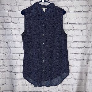 H&M Navy Blue White Dots Sheer Button Down Sleeveless Blouse Women’s Size Large